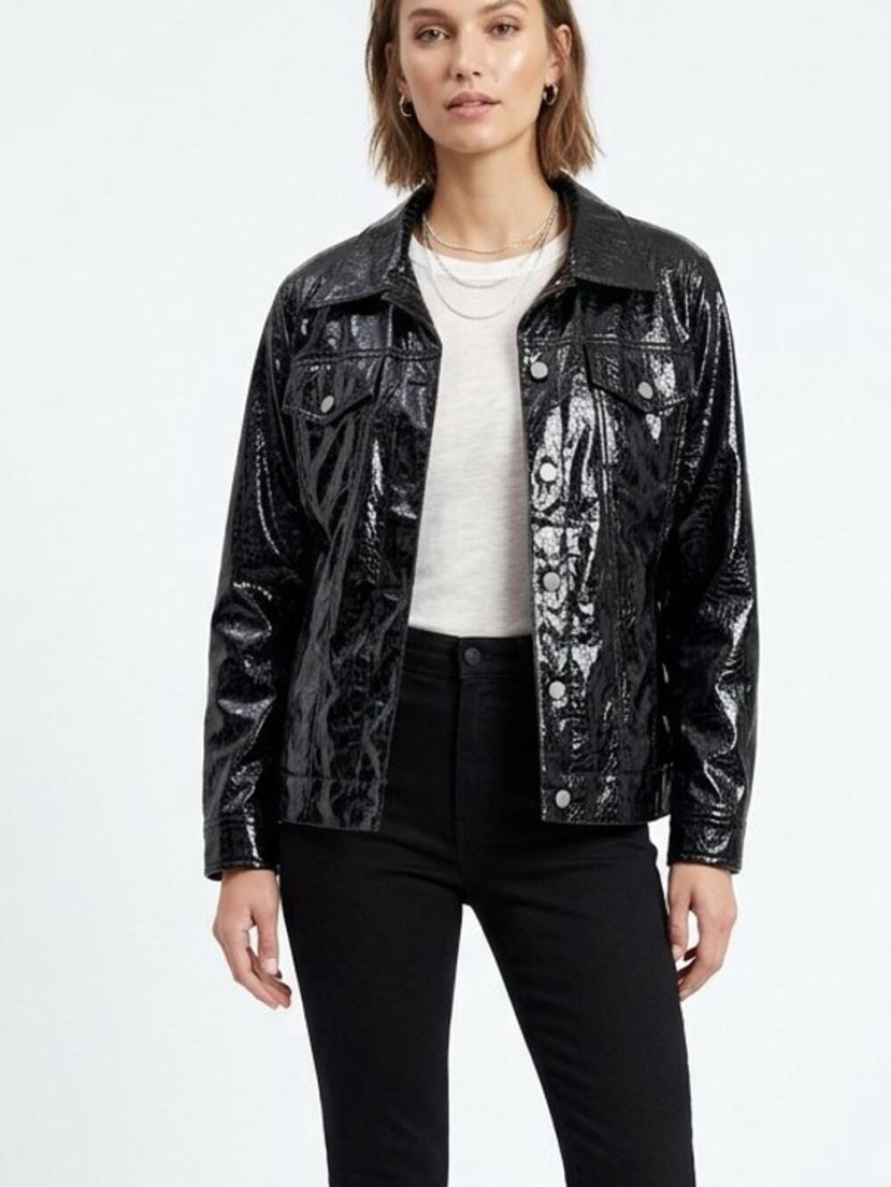 VTG Y2K Fashion Bug Black Patent Faux Croc Leather Jacket – Size 22/24